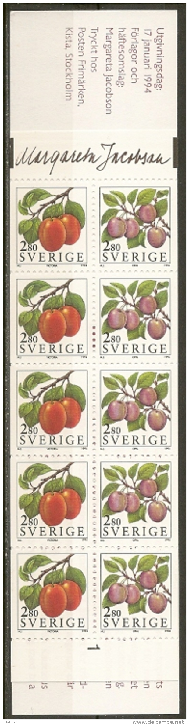 Sweden 1994. Berries And Fruits. Booklet.  Michel MH 189  Cylinder 1  MNH.  Signed. - 1904-50