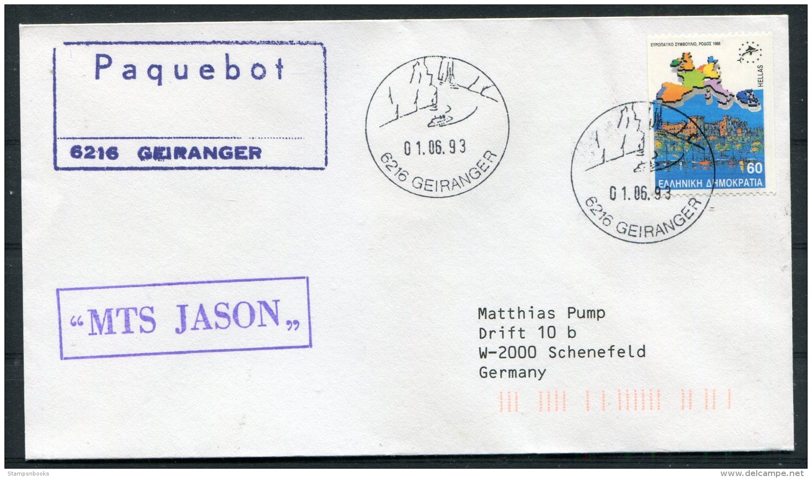 1993 Greece MTS JASON Ship Cover. Geiranger Norway Paquebot - Brieven En Documenten