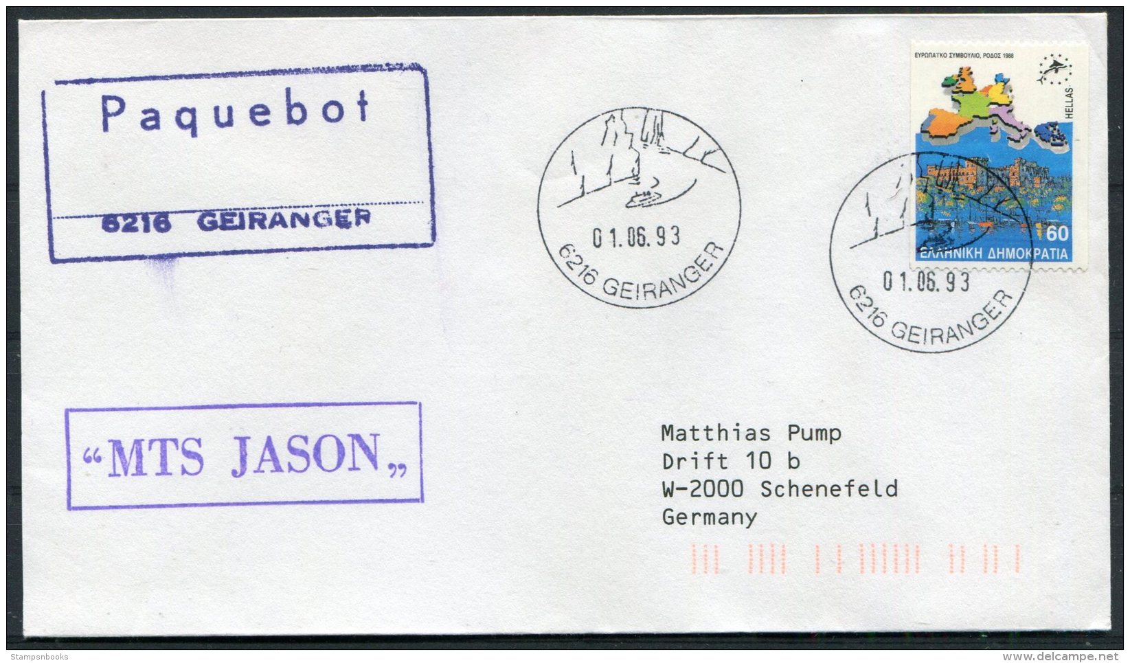 1993 Greece MTS JASON Ship Cover. Geiranger Norway Paquebot - Briefe U. Dokumente