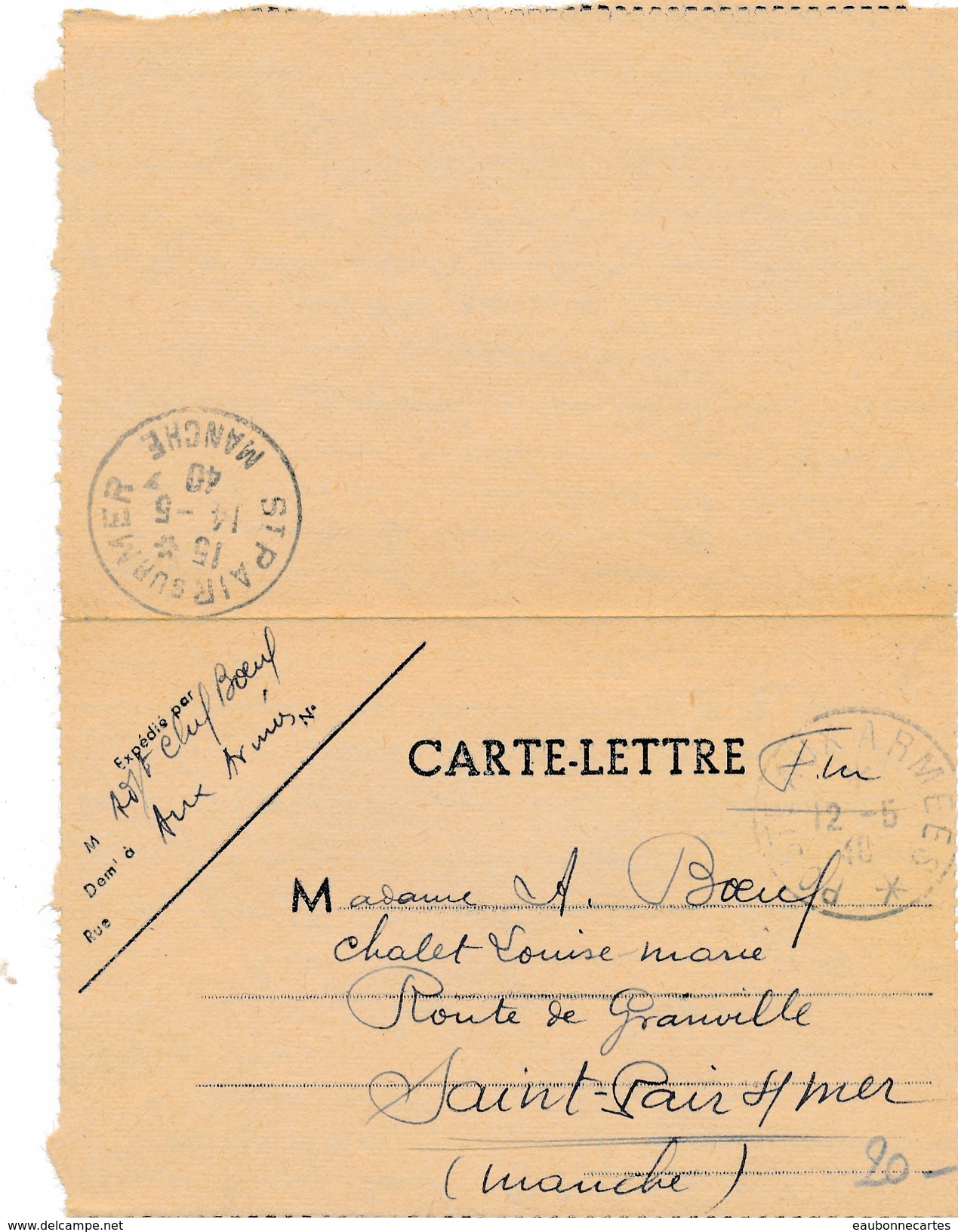 Carte Lettre - Poste Aux Armée - Arrivée SAINT PAIR SUR MER - Lettre Datée Du 10/05/1940 - 310 ème RACP - Guerre De 1939-45