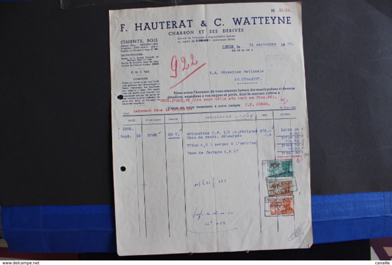 Fac-76 / (Liège) - F. Hauterat & C. Watteyne, Charbon Et Ses Dérivés, Rue De La Loi Liège / 1950 - Ambachten