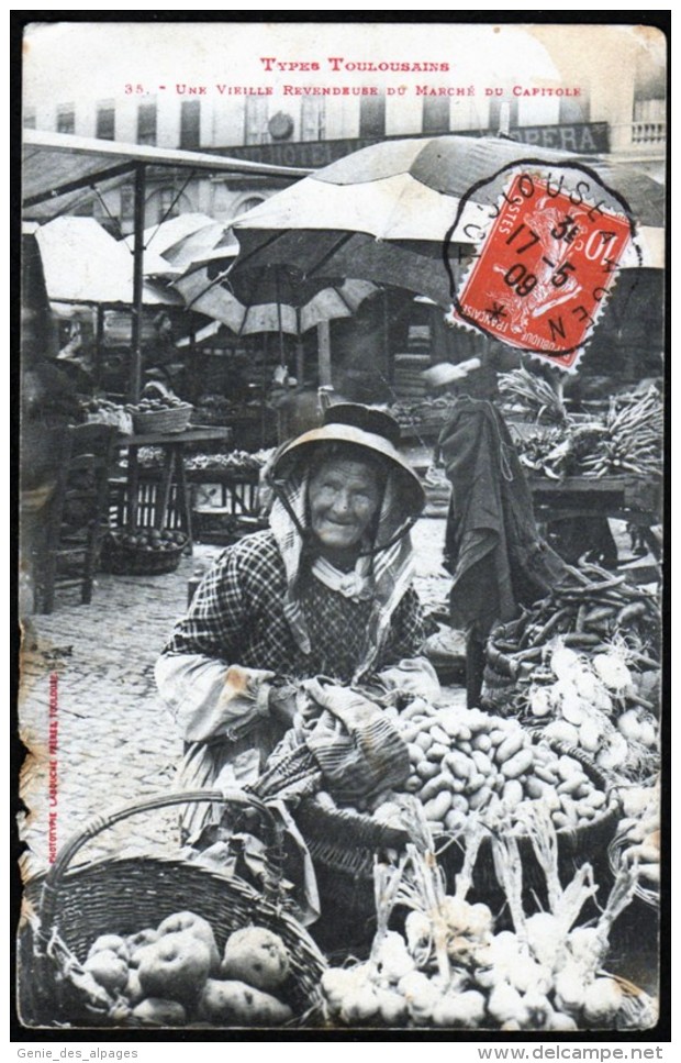 Types Toulousaines, Vieille Revendeuse Du Marché Du Capitole, Phototypie Labouche, Voyagé En 1909, Côté Gauche Abimé - Street Merchants