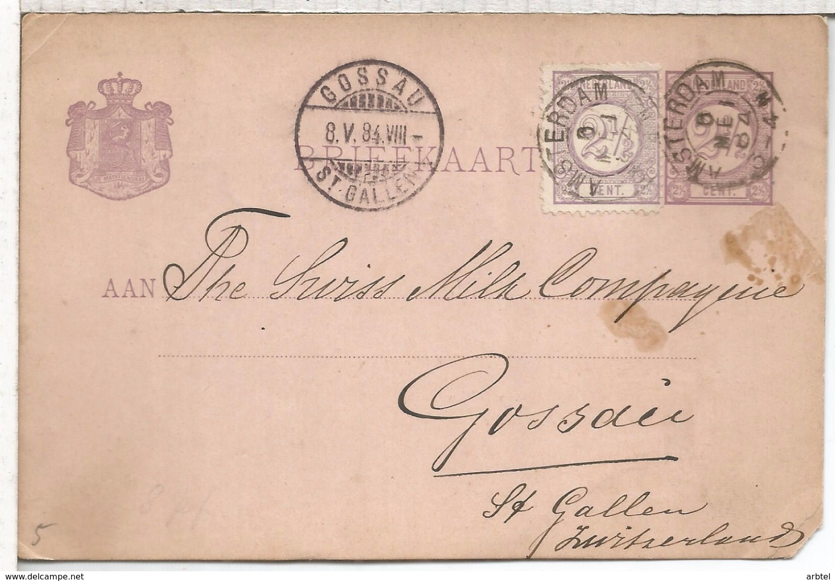 HOLANDA ENTERO POSTAL AMSTERDAM 1884 A GOSSAU ST GALLEN - Lettres & Documents