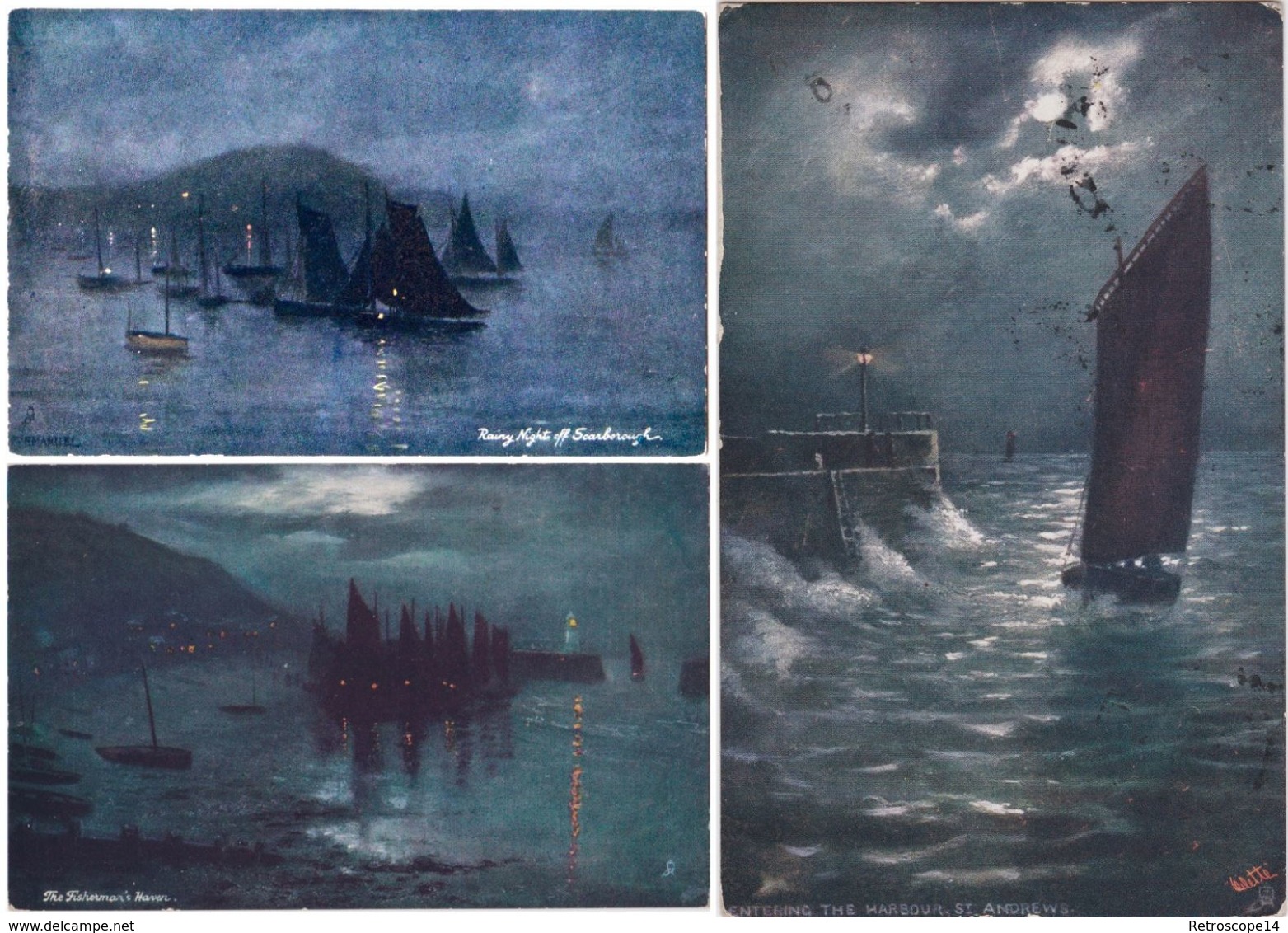 LOT 3 CPA Illustrées Marine, Navires. Illustrated Postcards, Tuck Oilette, Night Views, Boats, Sea. Frank Lewis Emanuel. - 1900-1949