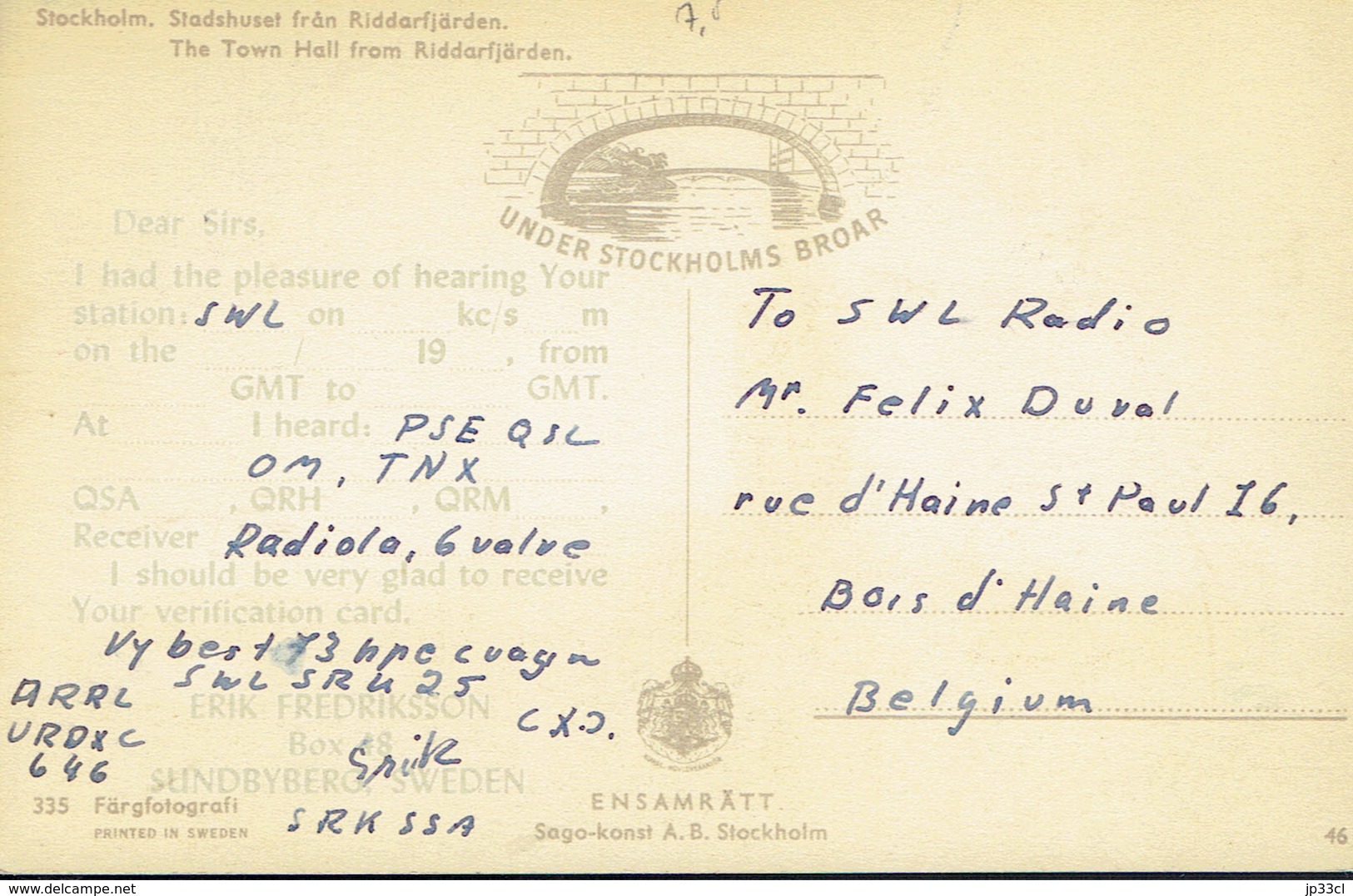 Old QSL From Erik Frediksson, Sundbyberg, Sweden Stockholm Town Hall From Riddarfjärden (about 1970) - CB-Funk