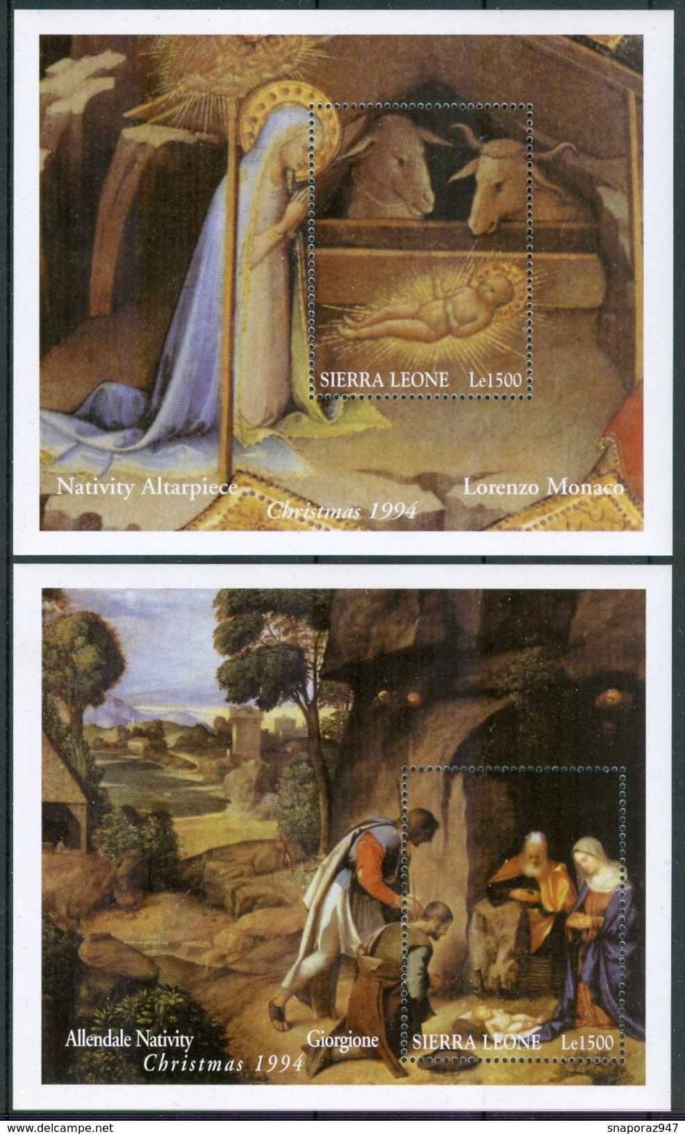 1994 Sierra Leone Lorenzo Monaco Giorgione Natale Christmas Noel Quadri Paintings Peintures 2 Block MNH** RR82 - Weihnachten