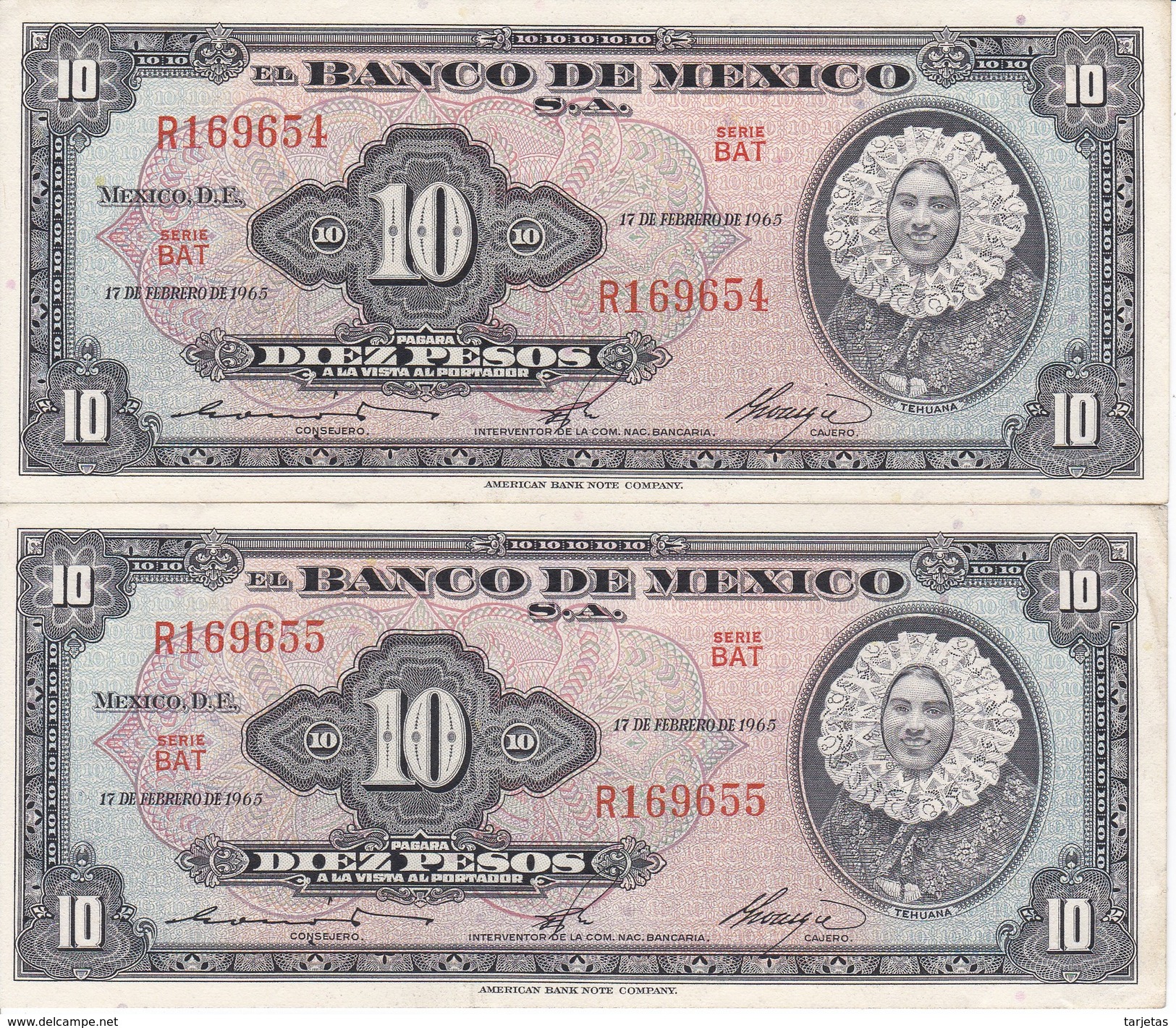 PAREJA CORRELATIVA DE MEXICO DE 10 PESOS DEL AÑO 1965 CALIDAD EBC (XF)  (BANKNOTE) - Mexico