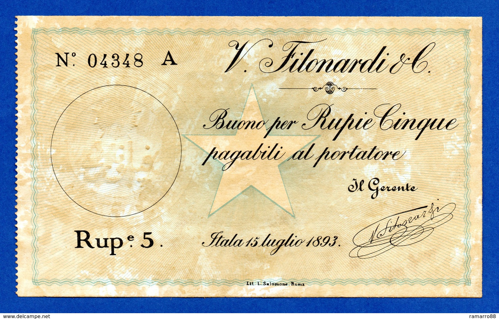 Italian Somaliland Rare 5 Rupias / Somalia Italiana 5 Rupie Filonardi 1893 R4 P1 XF~AU - Somalia