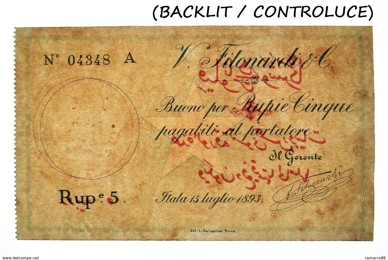 Italian Somaliland Rare 5 Rupias / Somalia Italiana 5 Rupie Filonardi 1893 R4 P1 XF~AU - Somalia