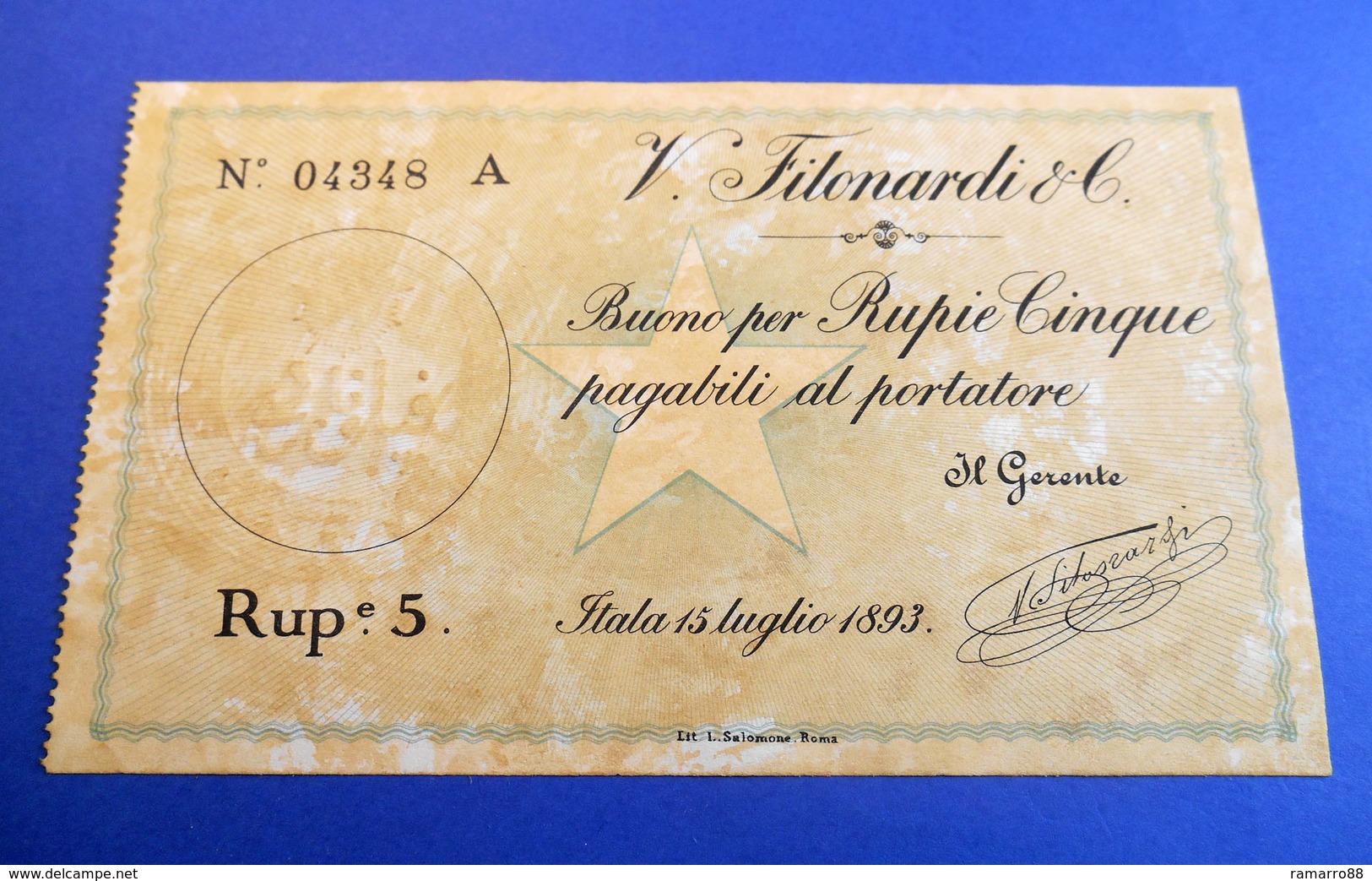 Italian Somaliland Rare 5 Rupias / Somalia Italiana 5 Rupie Filonardi 1893 R4 P1 XF~AU - Somalie