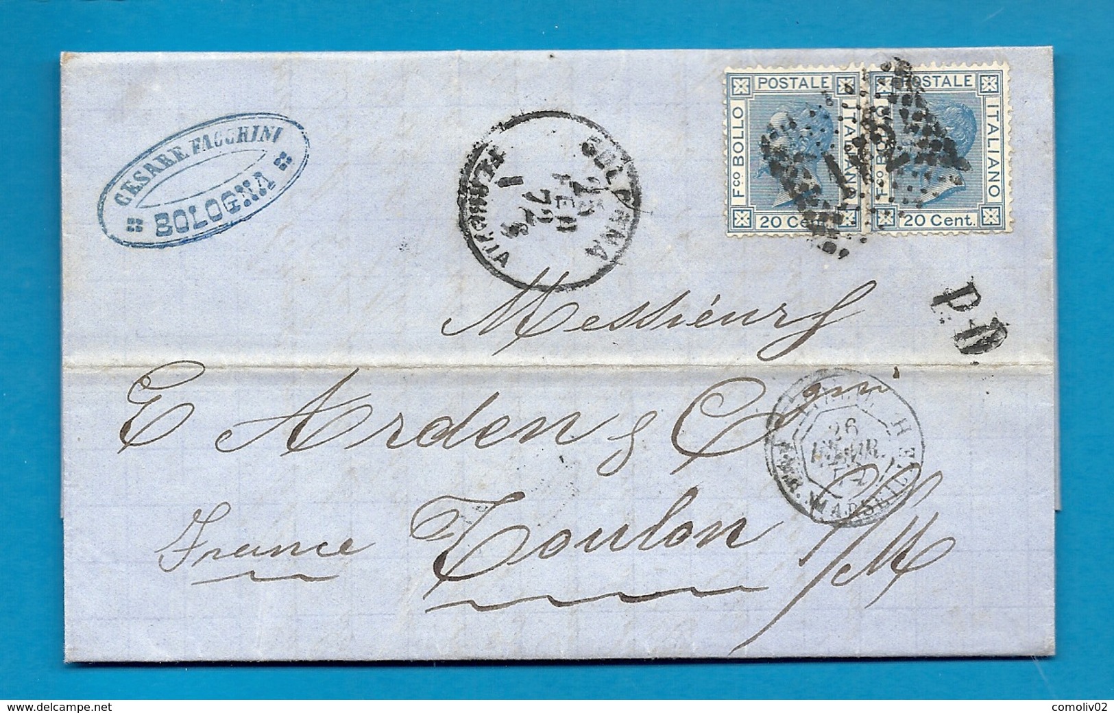 Italie - Bologne Pour Toulon Sur Mer (Var). LAC De 1872. Cachet D'entrée Par L'ambulant Marseille - 1849-1876: Période Classique