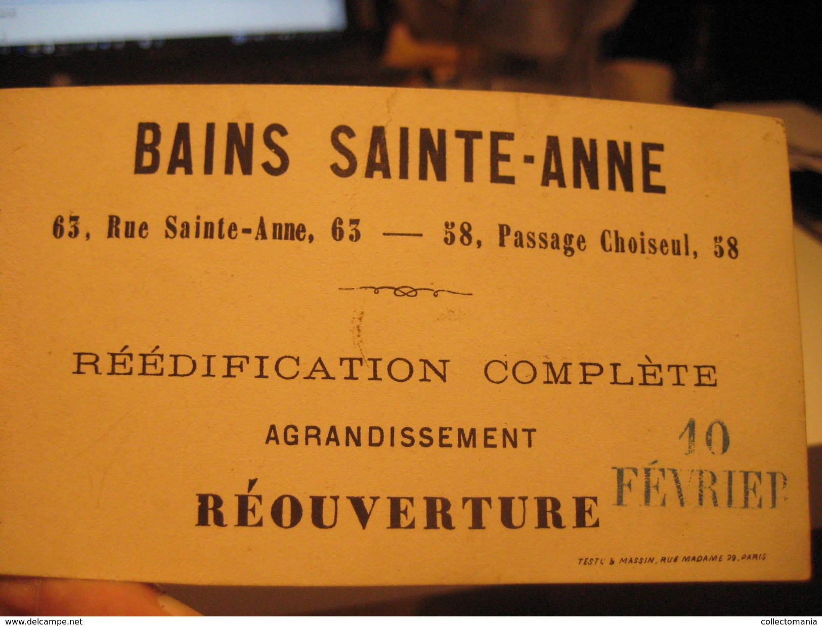 1 PUB Litho Card  Anno 1866 à 1875 Advertising Baths Bains Ste Anne, 29 13cmX7,3cm  Imprimeur TESTU & MASSiN Rue Madame - Autres & Non Classés