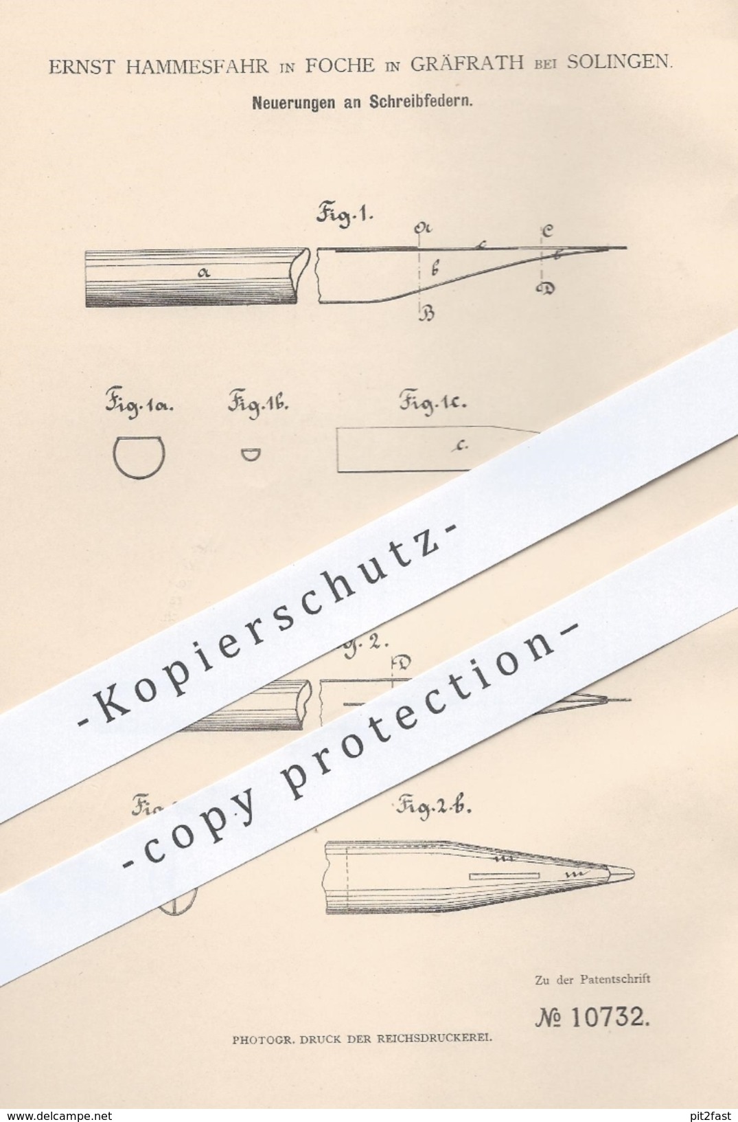 Original Patent - Ernst Hammesfahr , Foche Gräfrath / Solingen 1879 , Schreibfeder , Schreibfedern | Feder , Federhalter - Historische Dokumente