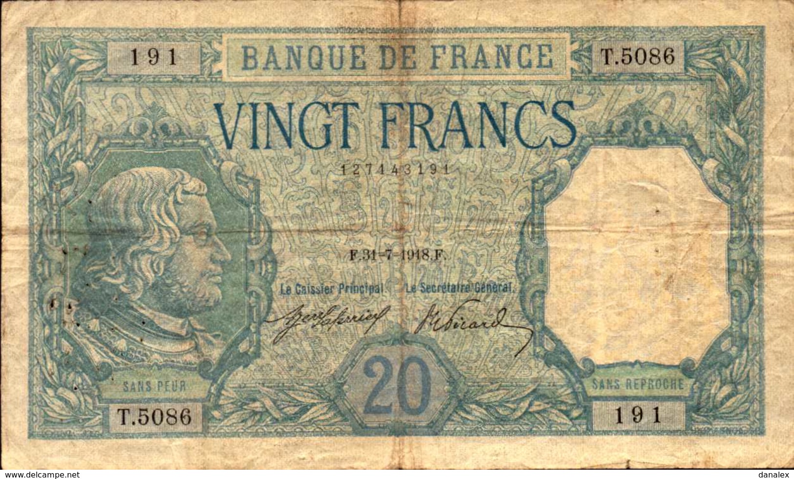 FRANCE 20 FRANCS Du 31-7-1918 BAYARD Pick 74  F 11/3 - 20 F 1916-1919 ''Bayard''