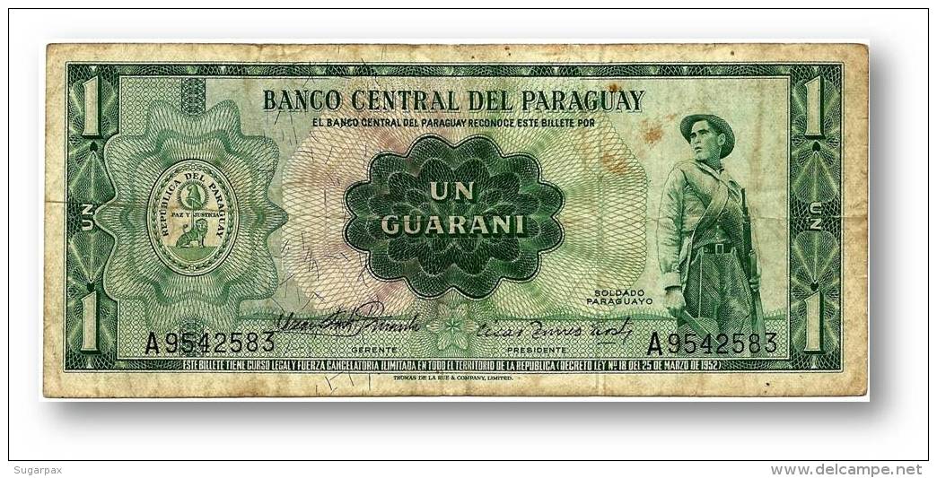 PARAGUAY - 1 GUARANI - L. 1952 - Pick 193.a - See Sign. - Soldado Paraguayo - 2 Scans - Paraguay