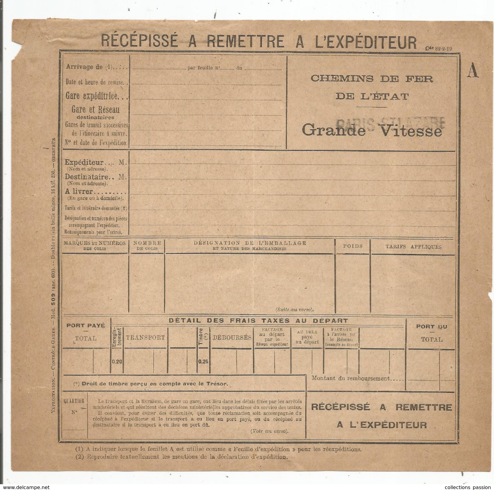 Récépissé , CHEMINS DE FER DE L'ETAT , Grande Vitesse , Paris Saint Lazare , Vierge , 2 Scans - Transport