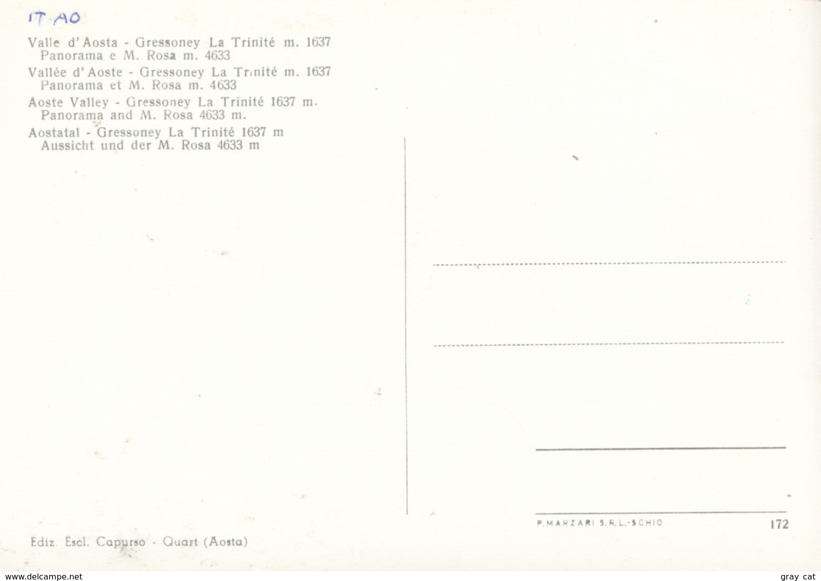 Valle D'Aosta, Gressoney La Trinite M.1637 Panorama E M. Rosa M.4633, Unused Postcard [19381] - Other & Unclassified