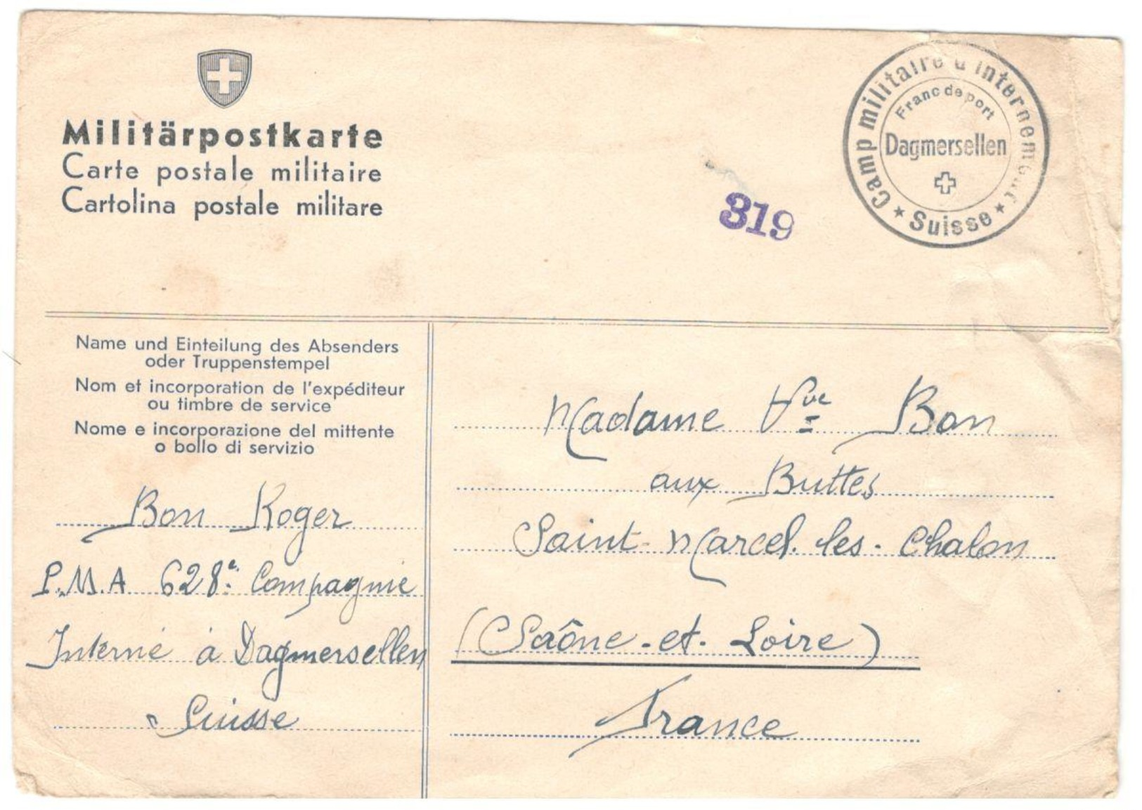 Carte Postale Militaire Suisse - Envoi D'un Soldat Français Interné En Suisse Au Camp De Dagmersellen - 1940 - Documents