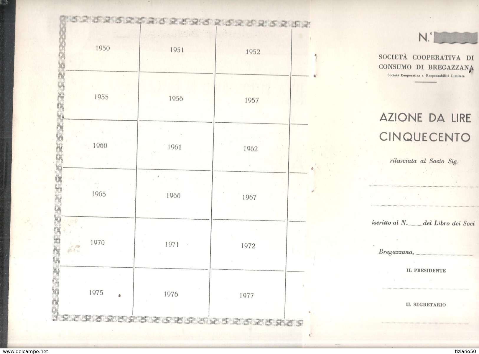 BREGAZZANA  SOC,COOP SI CONSUMO,AZIONE DA L-500.1950,INUSATA - A - C