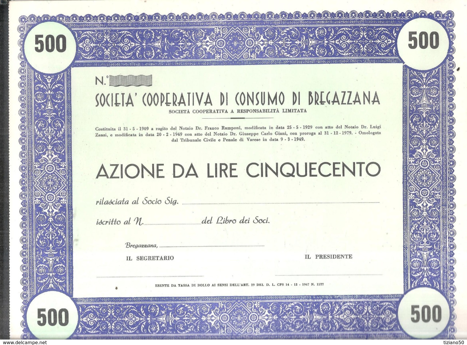 INDUNO OLONA. BREGAZZANA  SOC,COOP SI CONSUMO,AZIONE DA L-500.1950,INUSATA - J - L