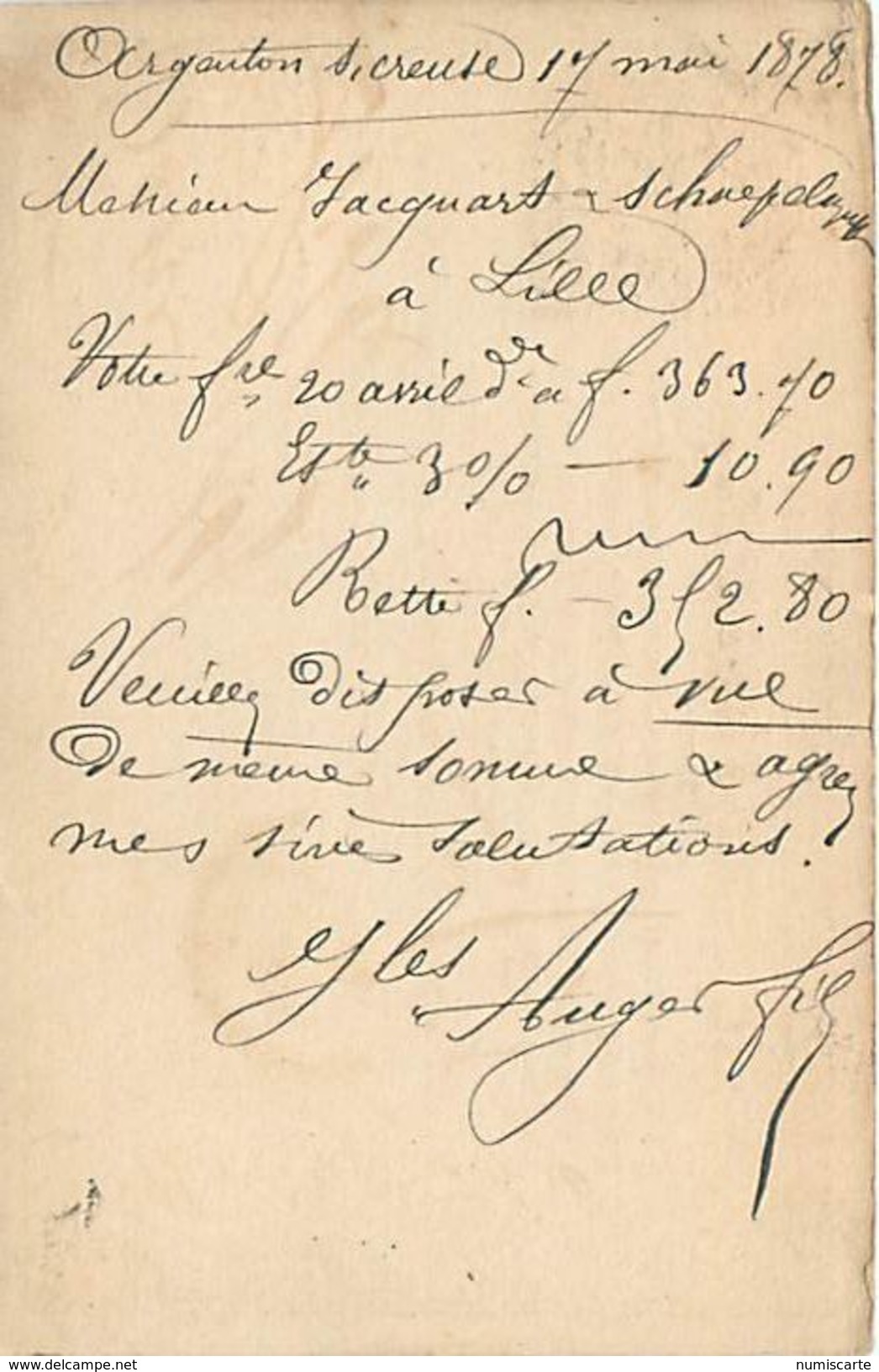 Cpa Précurseur 1878 De ARGENTON SUR CREUSE 36 à Lille, Jules AUGER Fils - Autres & Non Classés