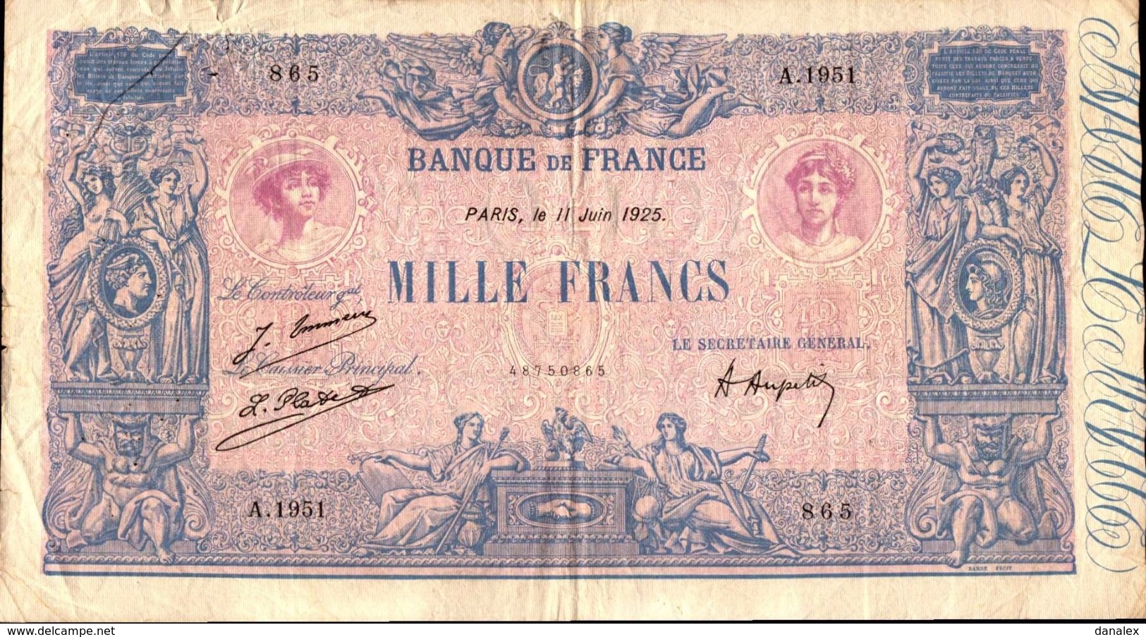 FRANCE 1000 FRANCS Du 11-6-1925 Bleu Et Rose  Pick 87j  F 36/41 - 1 000 F 1889-1926 ''Bleu Et Rose''