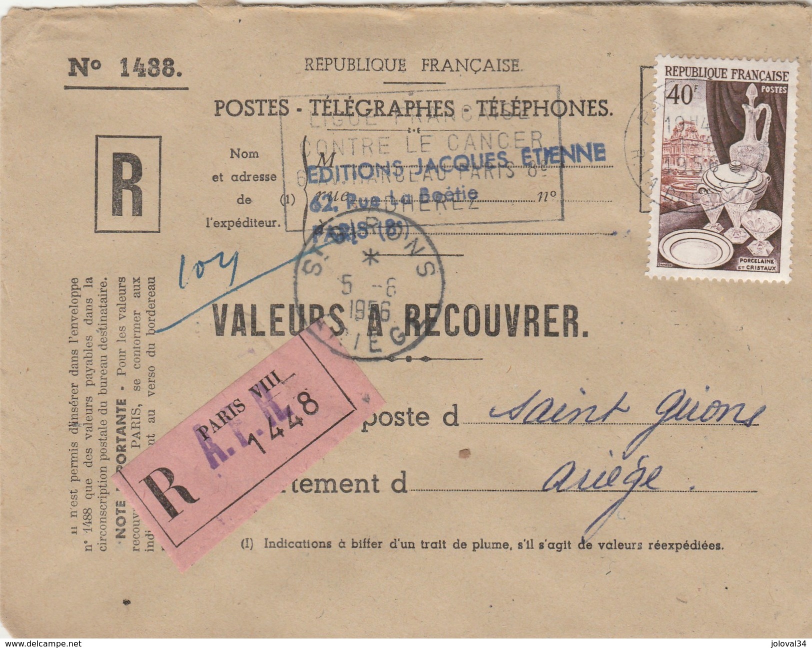 Yvert 972 Porcelaine Sur Lettre Recommandée Valeurs Recouvrer PARIS VIII - 1/6/ 1956 - Covers & Documents