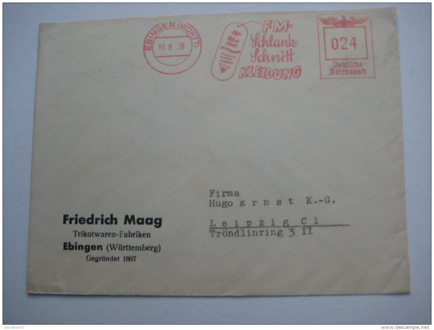Firmen Freistempel , Meterstempel Auf Beleg Aus   EBINGEN  1938 - Briefe U. Dokumente