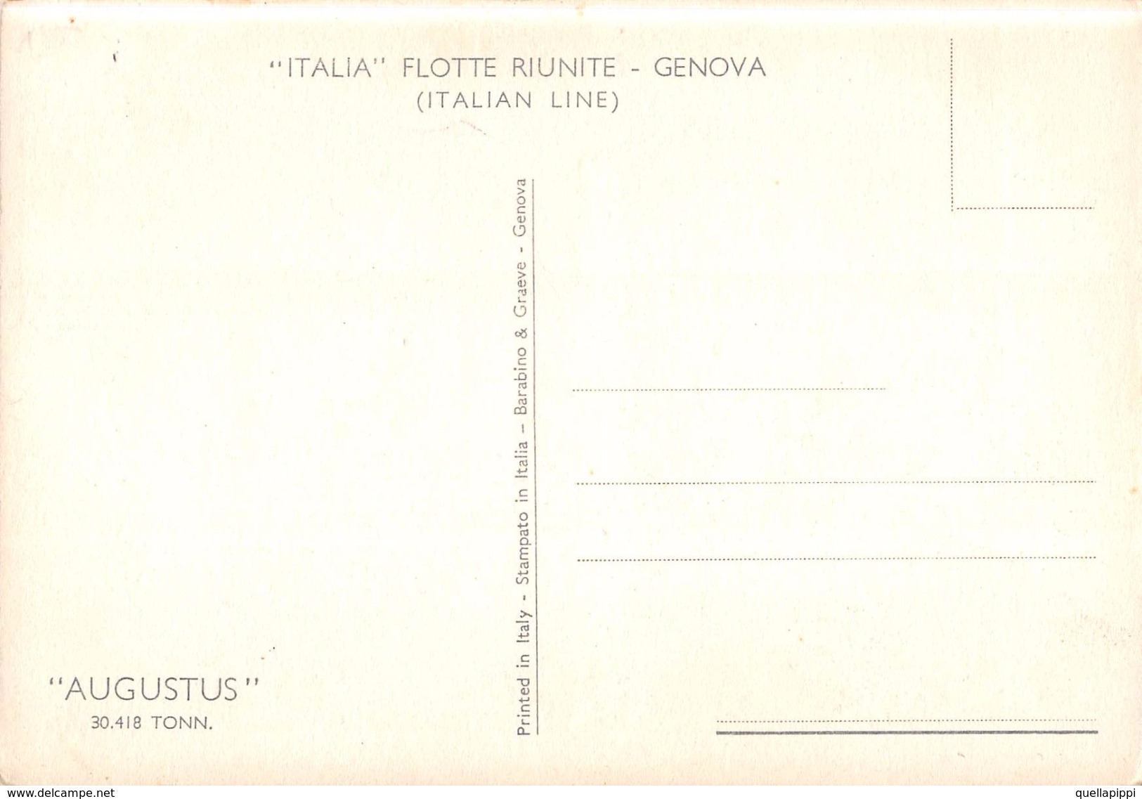 05422 "MOTONAVE AUGUSTUS 30418 TONN - ITALIA FLOTTE RIUNITE - GENOVA"  CART NON SPED - Banken