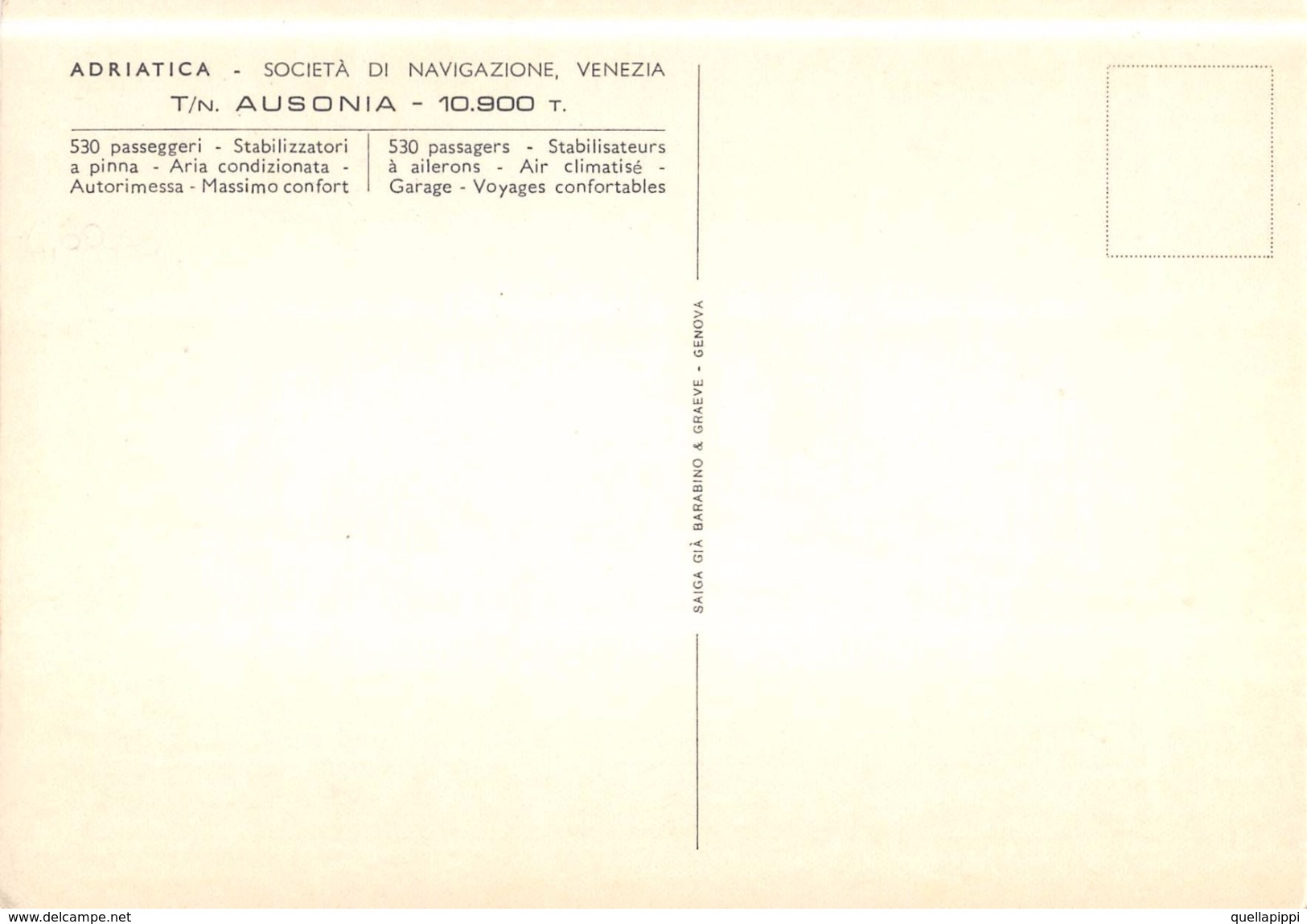 05424 "MOTONAVE AUSONIA - 10900 TONN - ADRIATICA - SOCIETA' NAVIGAZIONE - VENEZIA"  CART NON SPED - Banche