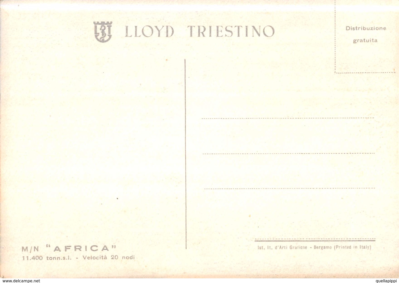 05426 "MOTONAVE AFRICA - 11400 TONN - VELOCITA' 20 NODI - LLOYD TRIESTINO - TRIESTE - MOTORI FIAT DIESEL"  CART NON SPED - Banken