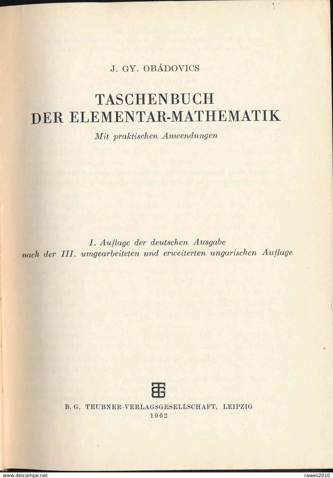 Buch: Obadovics: Taschenbuch Der Elementar-Mathematik Teubner-Verlagsgesellschaft Leipzig 1962 - Technical