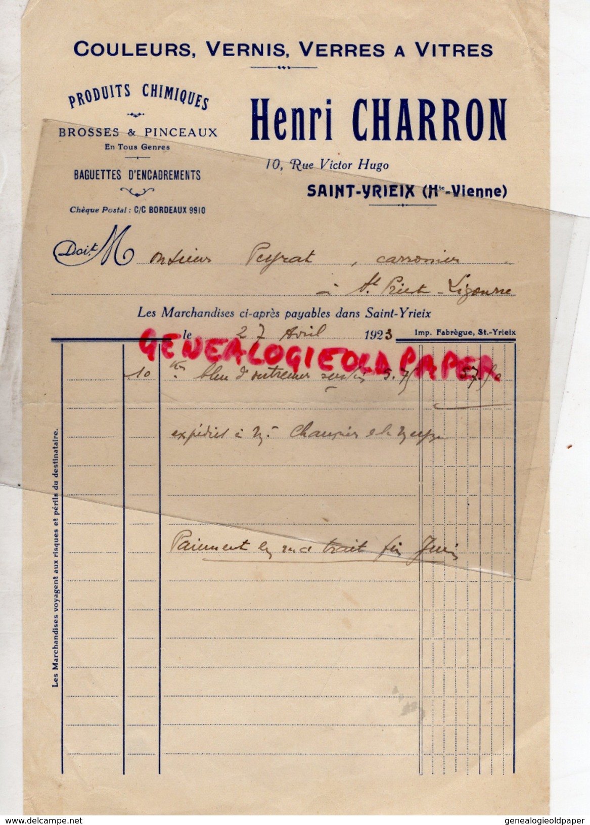 87 -ST SAINT YRIEIX LA PERCHE- FACTURE HENRI CHARRON-PRODUITS CHIMIQUES COULEURS VERNIS VERRES -10 RUE VICTOR HUGO-1923 - 1900 – 1949