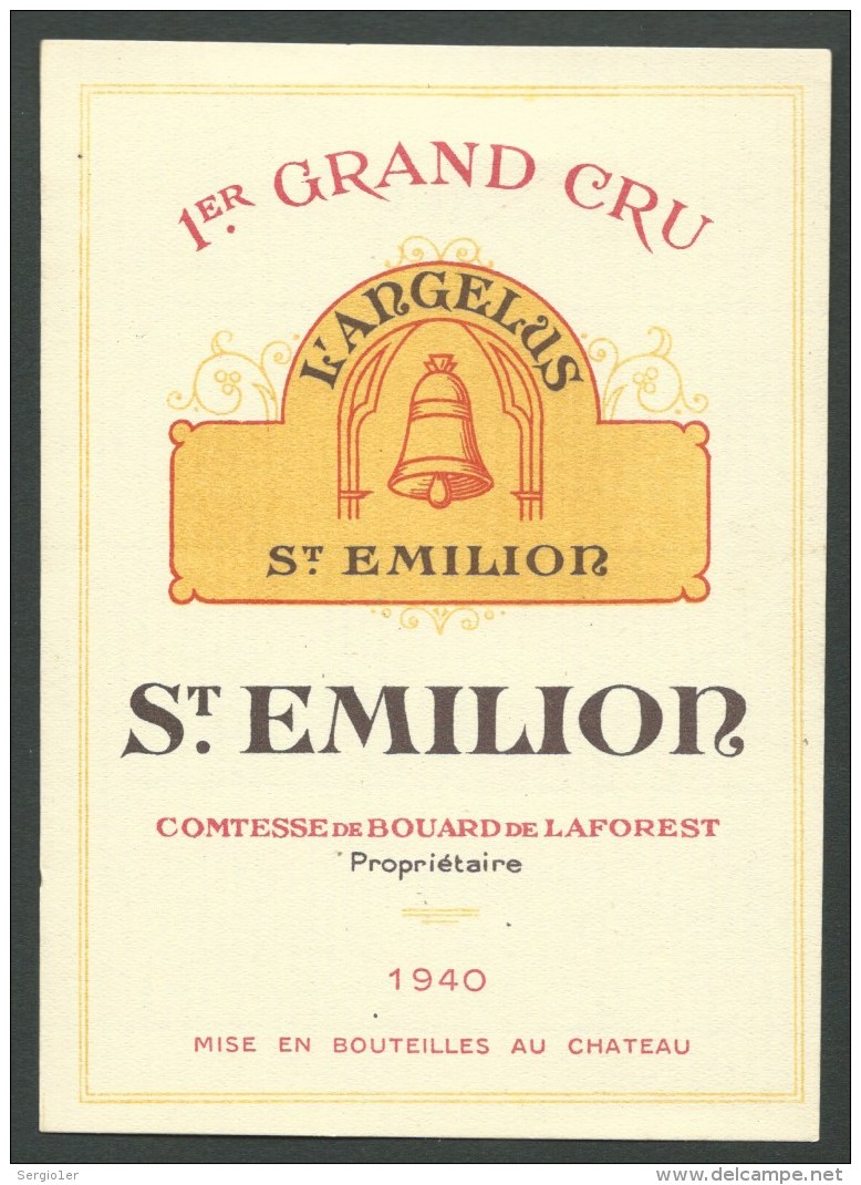étiquette Vin   1er Grand Cru L'Angelus St Emillion 1940  Contesse De Bouard De Laforest Propriétaire - Bordeaux