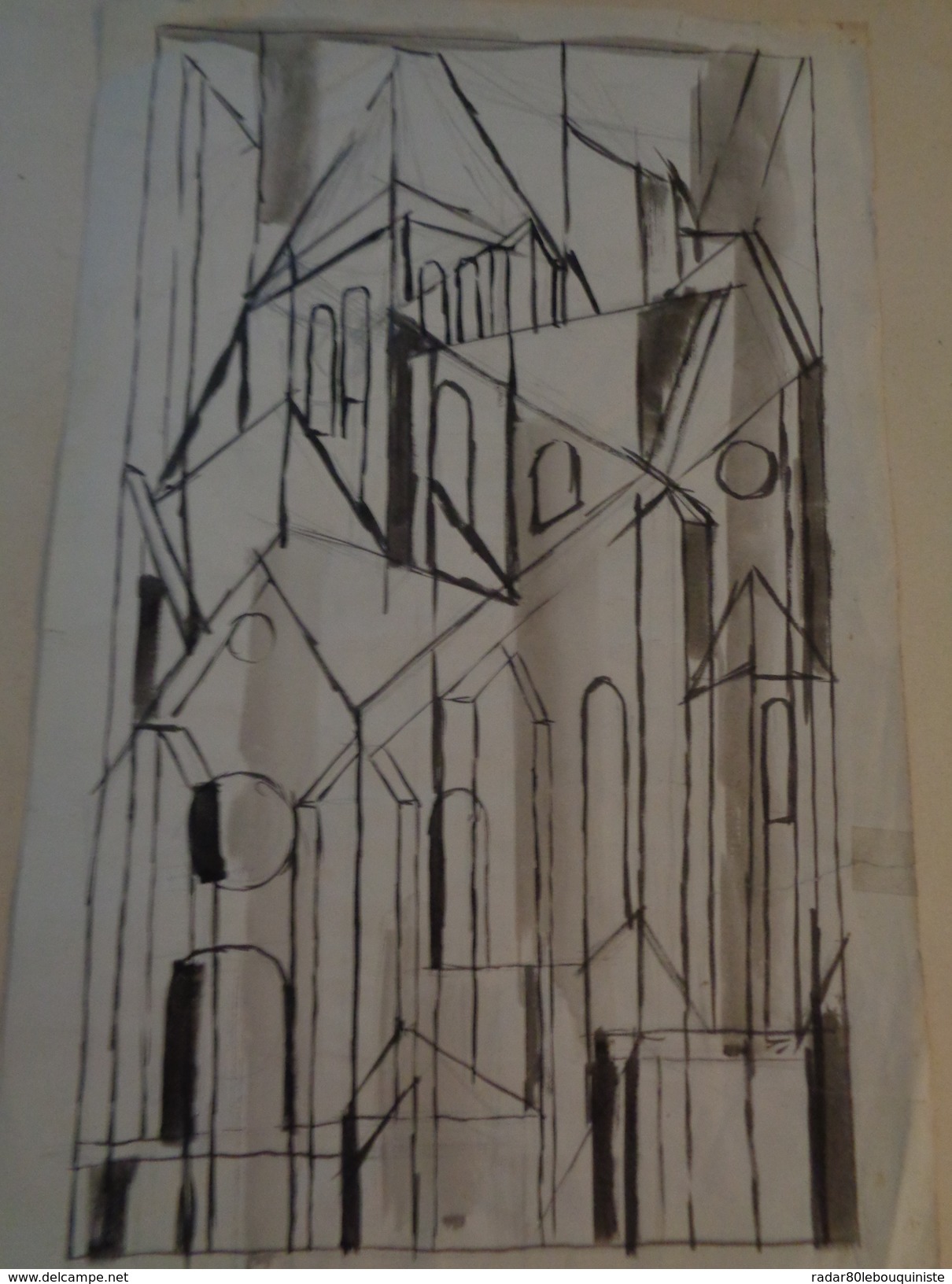 TESSON Gérard.Abstraction.église.lavis Encre Noire. La Feuille :440 X 280 Mm.non Signé. - Dessins