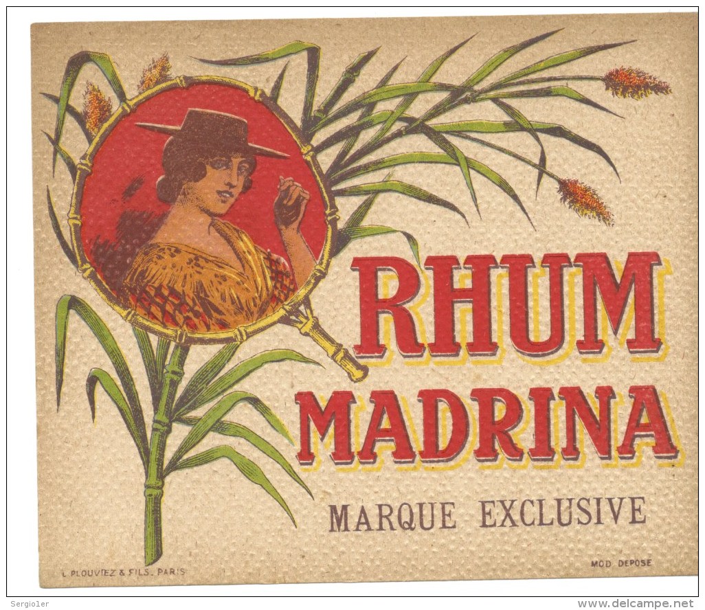 étiquette  Ancienne  Rhum  Madrina Marque Exclusive  "femme Chapeau  Canne"  Imp L Plouviez Et Fils  1920 - Rhum