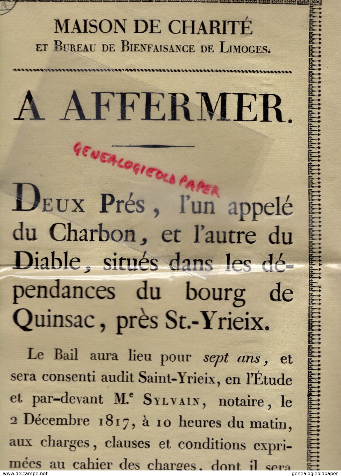 87-ST SAINT YRIEIX LA PERCHE-AFFICHE PARCHEMIN MAISON CHARITE LIMOGES- A AFFERMER 2 PRES DU CHARBON ET DU DIABLE-QUINSAC - Affiches