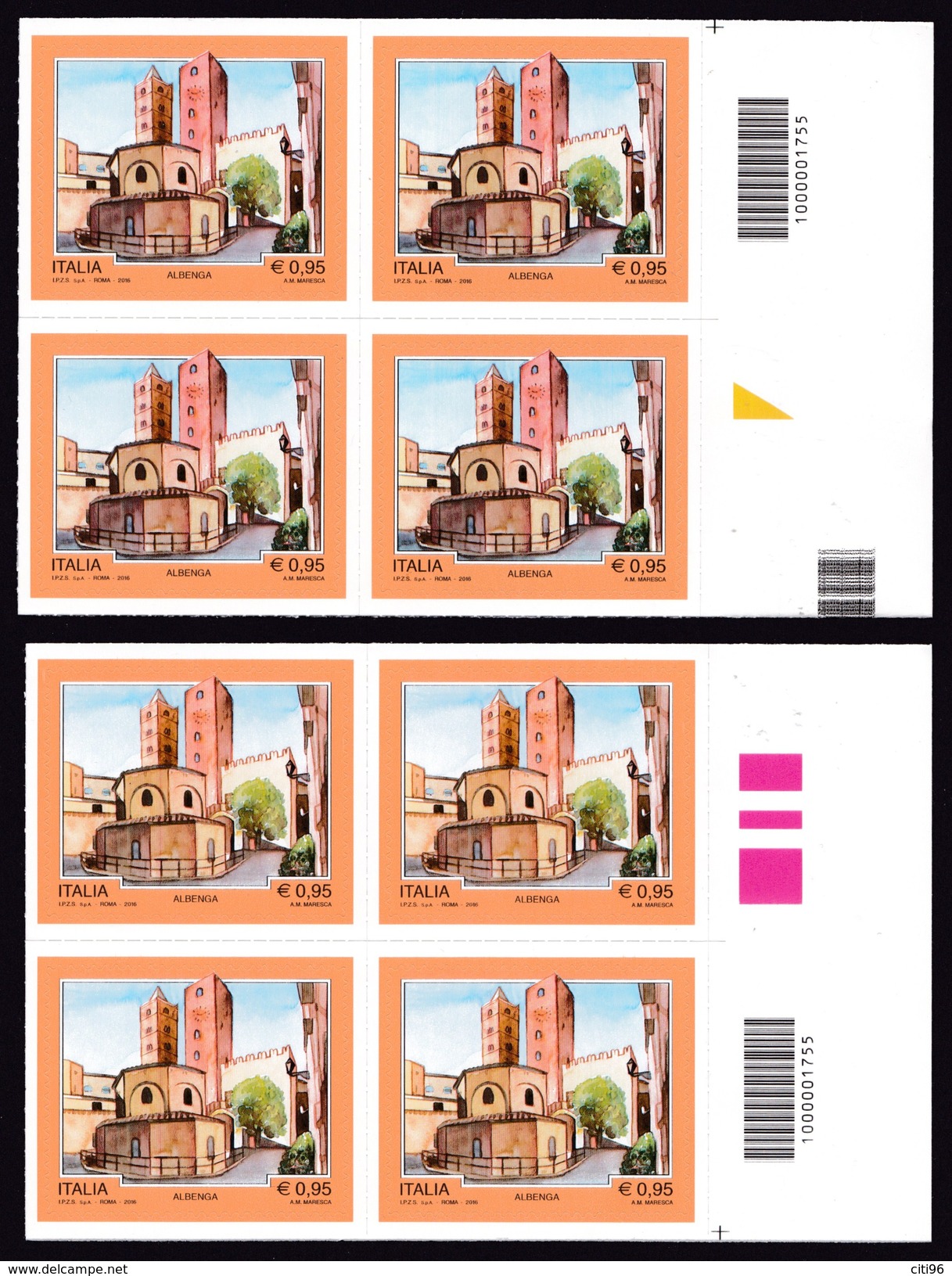 ITALIA Repubblica Turistica Albenga Quartina Codice A Barre DX-SX Anno 2016 MNH** - Code-barres