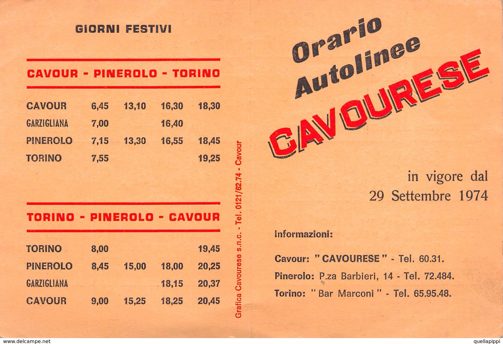 05439  "(TO) CAVOUR - ORARIO AUTOLINEE CAVOURESE 1974" ORARIO DA CAVOUR-PINEROLO-TORINO - Europe