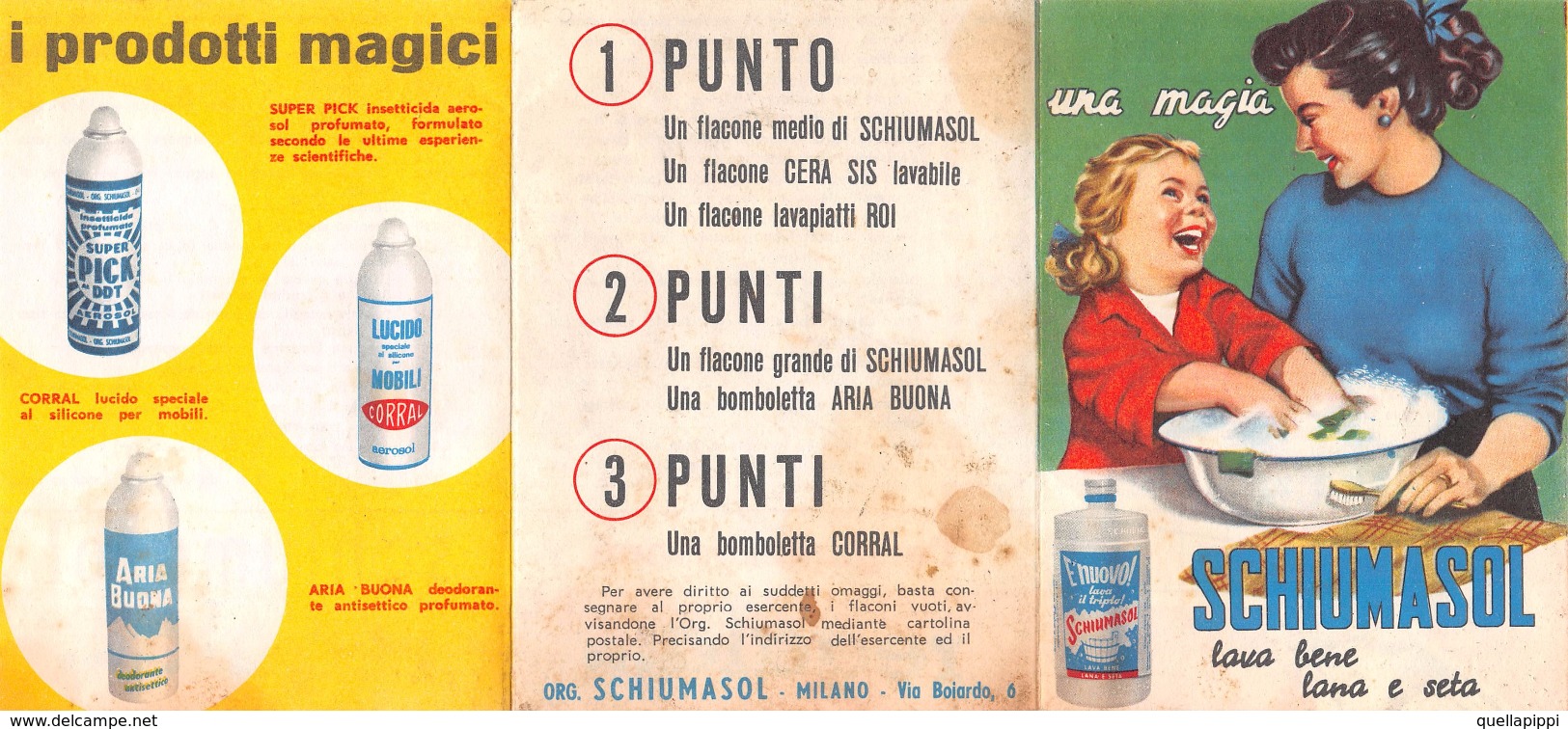 05441  "MILANO - ORG. SCHIUMASOL - DETERSIVO LANA E SETA - 1950 CIRCA" PIEGHEVOLE PUBBLICITARIO - Pubblicitari