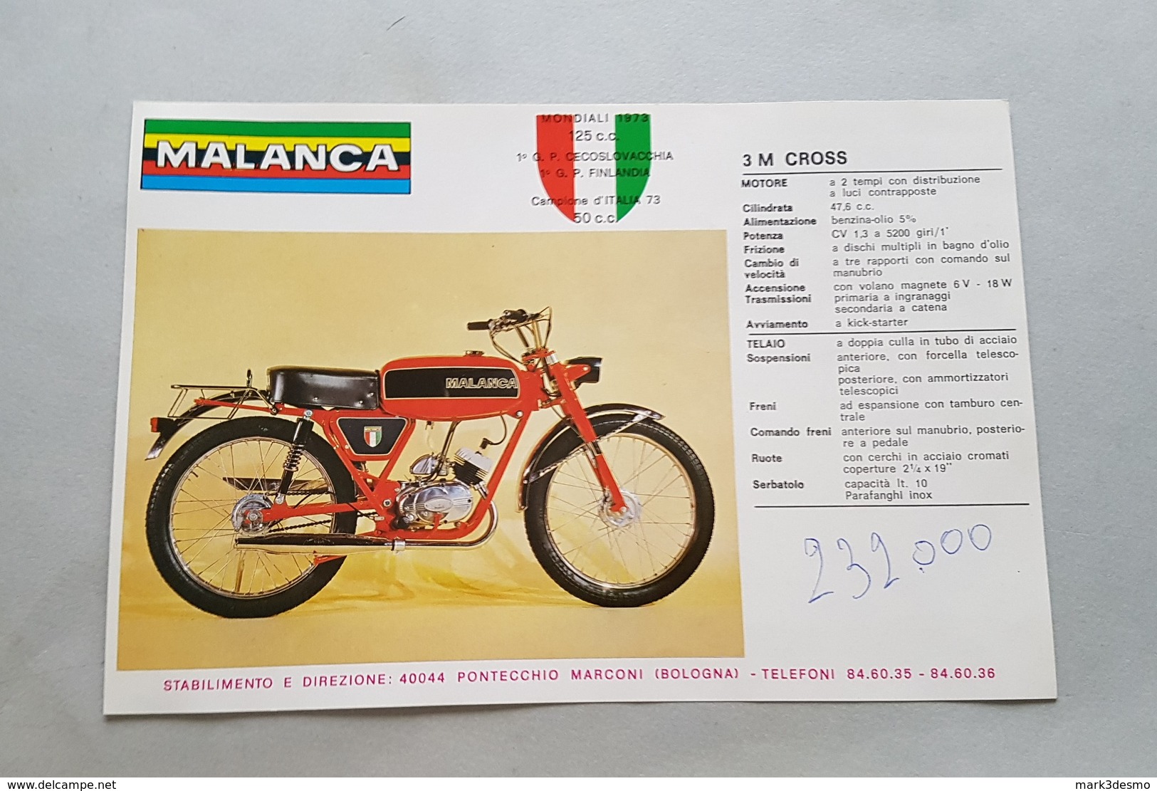 Malanca Tigre 50 - 3M Cross 50 Depliant Tuboni Originale - Genuine Motorcycle Brochure - Prospekt - Motoren