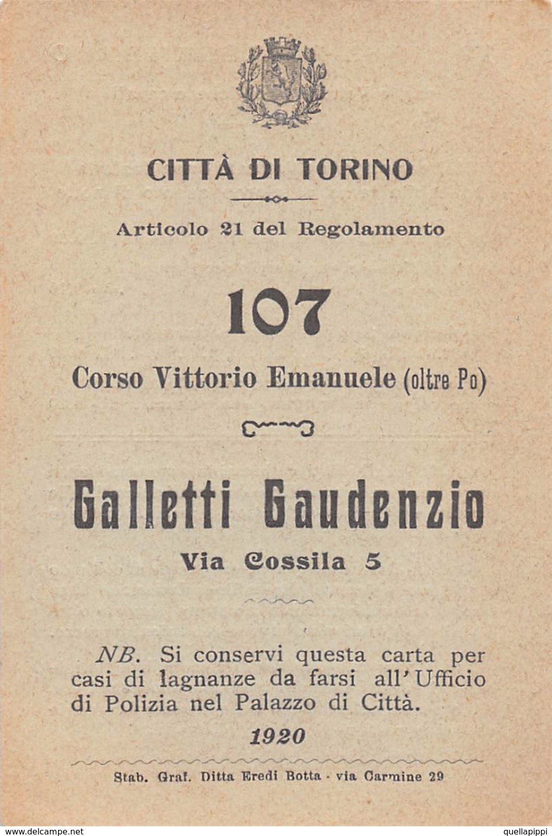 05446 "TORINO - VETTURALE GALLETTI GAUDENZIO - REGOLAMENTO TARIFFA A TASSAMETRO PER LE VETTURE PUBBLICHE A CAVALLI-1920" - Italia