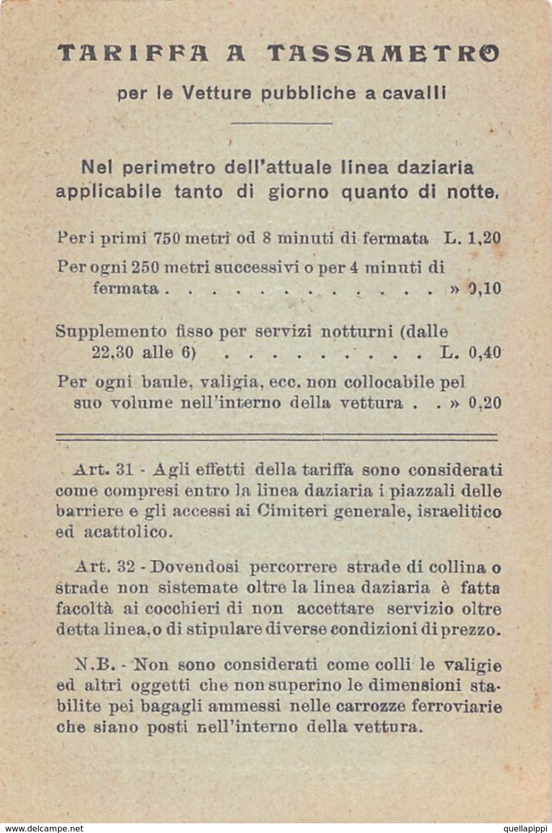 05446 "TORINO - VETTURALE GALLETTI GAUDENZIO - REGOLAMENTO TARIFFA A TASSAMETRO PER LE VETTURE PUBBLICHE A CAVALLI-1920" - Italia