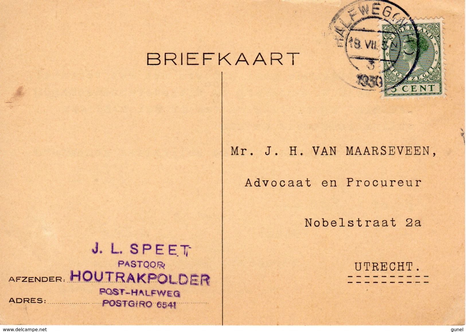 1930 Bk Naar Utrecht Met Korte Balk-stempel HALFWEG (N.H.) 3 - Poststempels/ Marcofilie