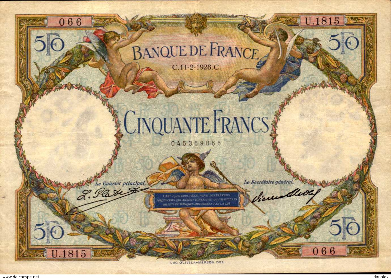 FRANCE 50 FRANCS Du 11-2-1928 L O M  Pick 77a  F 15/2  XF/SUP - 50 F 1927-1934 ''Luc Olivier Merson''