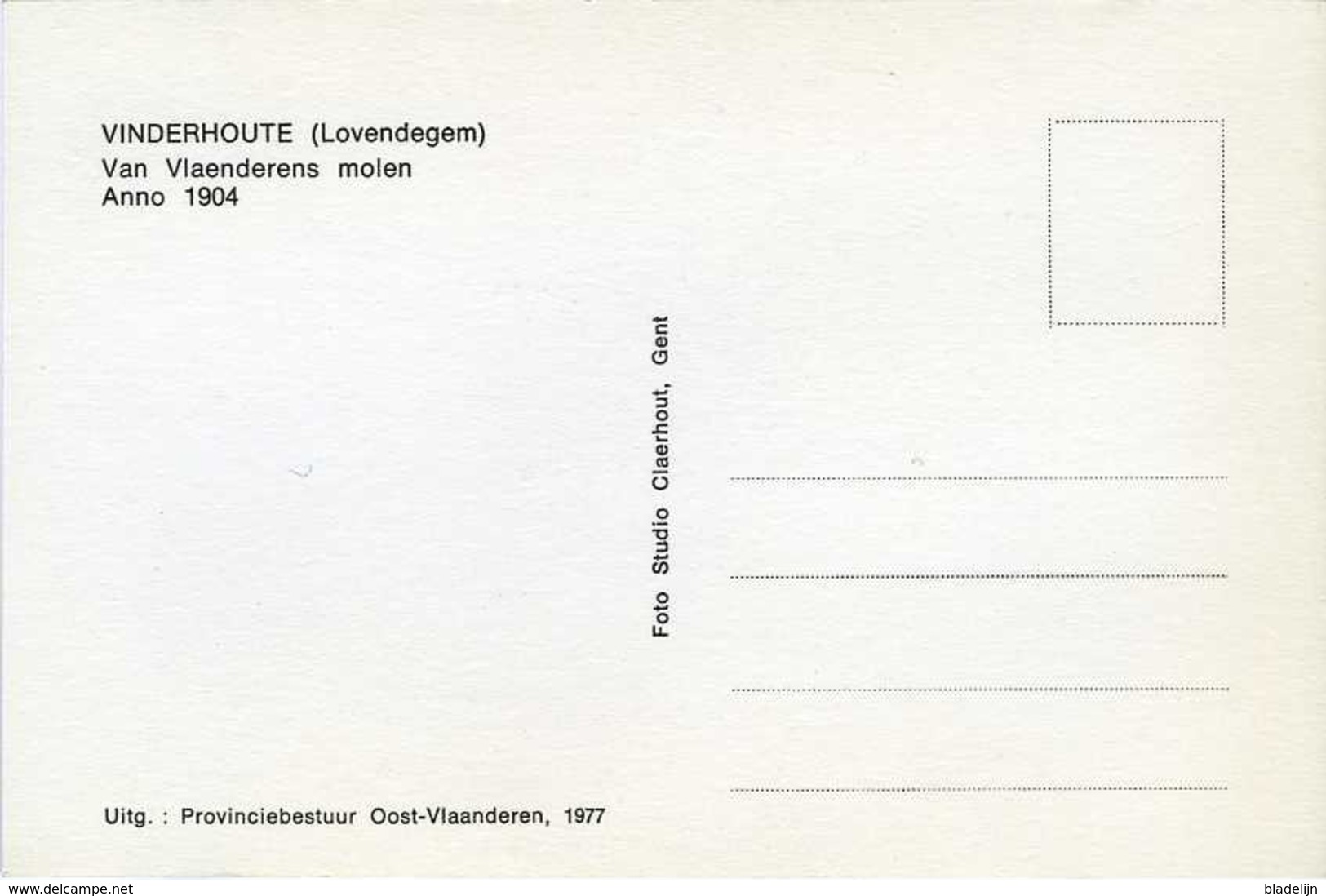 VINDERHOUTE - Lovendegem (O.Vl.) - Molen/moulin - De "Van Vlaenderensmolen" In 1977 (provinciale Uitgave) - Lovendegem