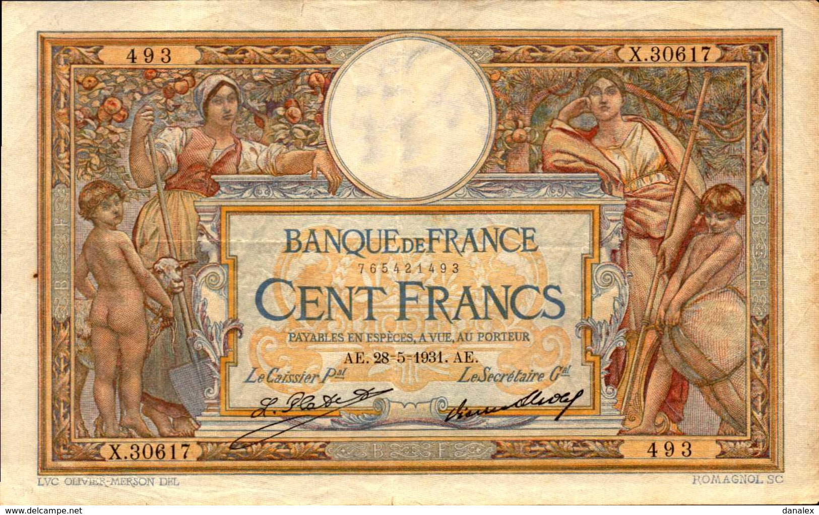 FRANCE 100 FRANCS Du 28-5-1931 L O M  Pick 78b  F 24/10 - 100 F 1908-1939 ''Luc Olivier Merson''