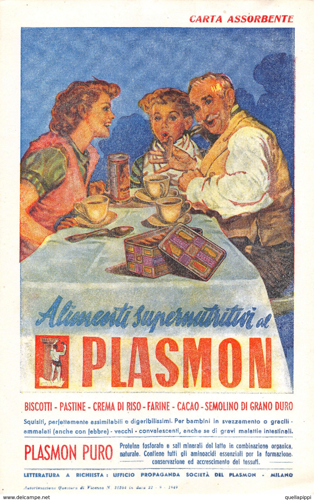 05453 "PLASMON -  ALIMENTI SUPERLATIVI - MILANO - 1949" ANIMATA. CARTA ASSORBENTE - Lebensmittel