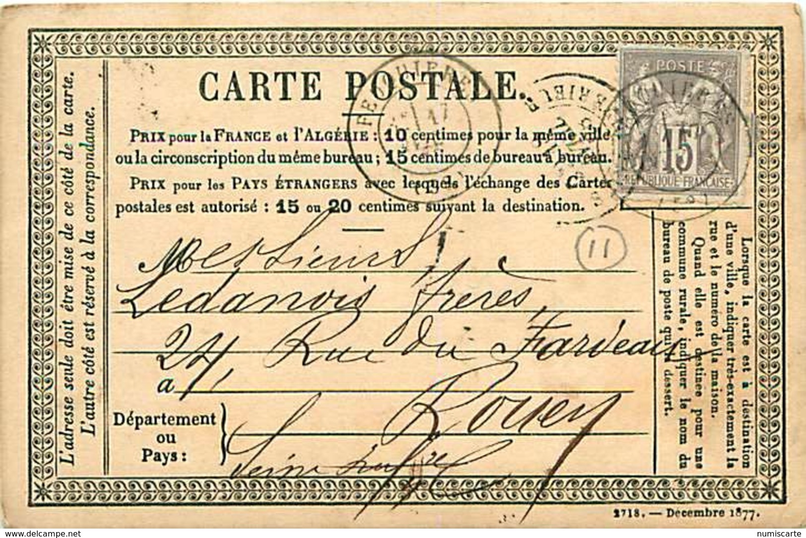 Cpa Précurseur 1878 De FEUQUIERES 60 à Rouen, Cachet VIDAL - Autres & Non Classés