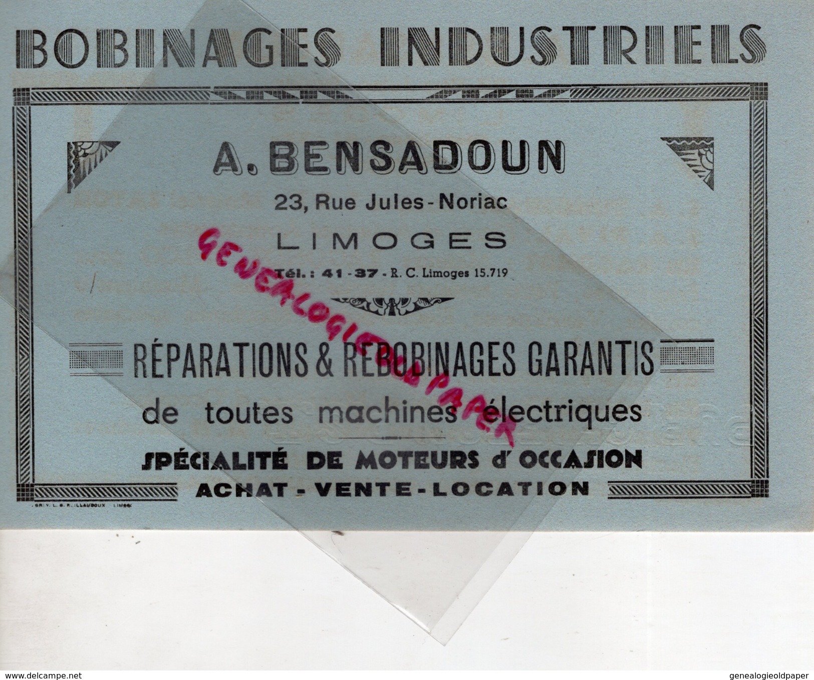 87 - LIMOGES - BUVARD A. BENSADOUN-23 RUE JULES NORIAC- BOBINAGES INDUSTRIELS-TSF- SATOR-TUNGSRAM-RAGONOT-DELCO-JAPY - Automóviles